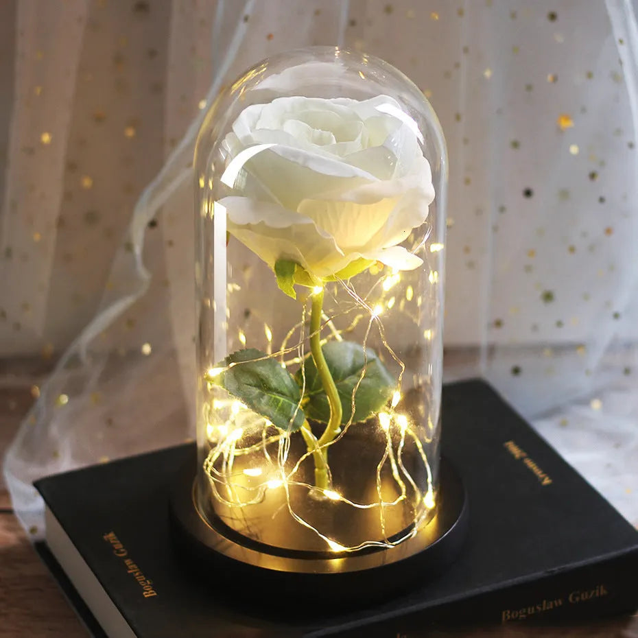 LED luminous silk rose ornament in glass cover on wood base with bendable light wire