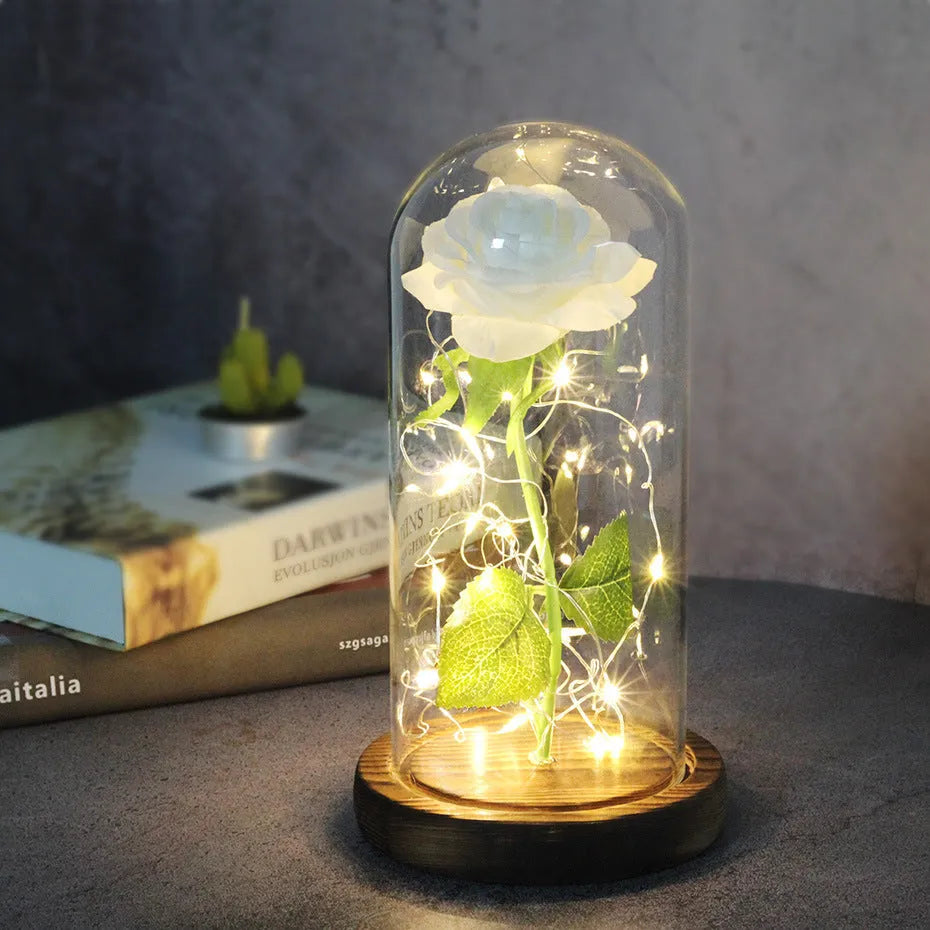 LED luminous silk rose ornament in glass cover on wood base with bendable light wire