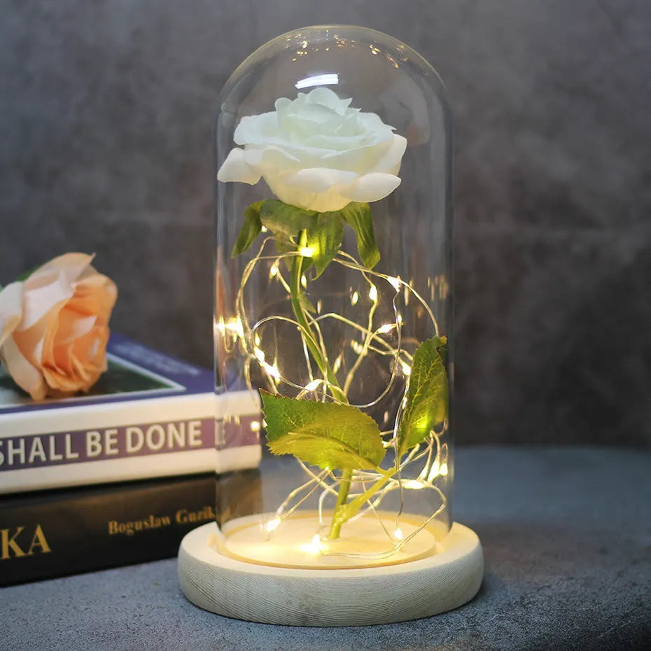 LED luminous silk rose ornament in glass cover on wood base with bendable light wire