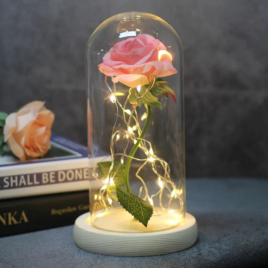 LED luminous silk rose ornament in glass cover on wood base with bendable light wire