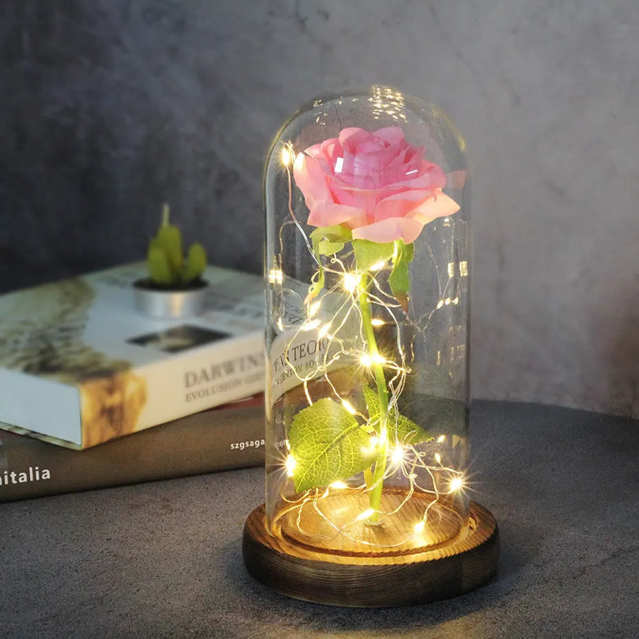 LED luminous silk rose ornament in glass cover on wood base with bendable light wire
