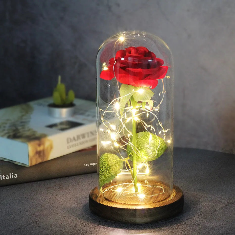 LED luminous silk rose ornament in glass cover on wood base with bendable light wire
