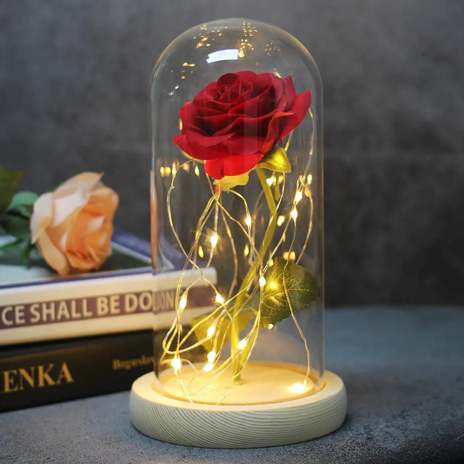 LED luminous silk rose ornament in glass cover on wood base with bendable light wire