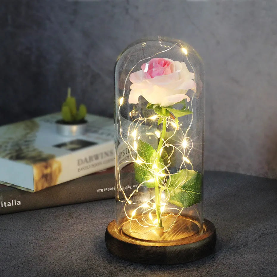 LED luminous silk rose ornament in glass cover on wood base with bendable light wire
