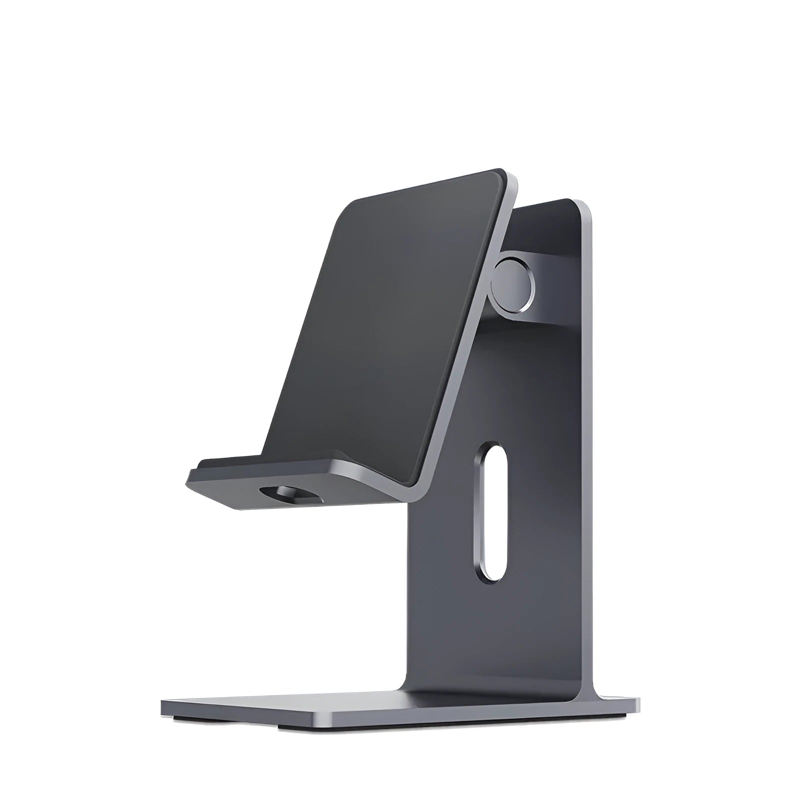 Alloy metal desktop stand holding a mobile phone, shown in dark space grey and streaming silver colours.