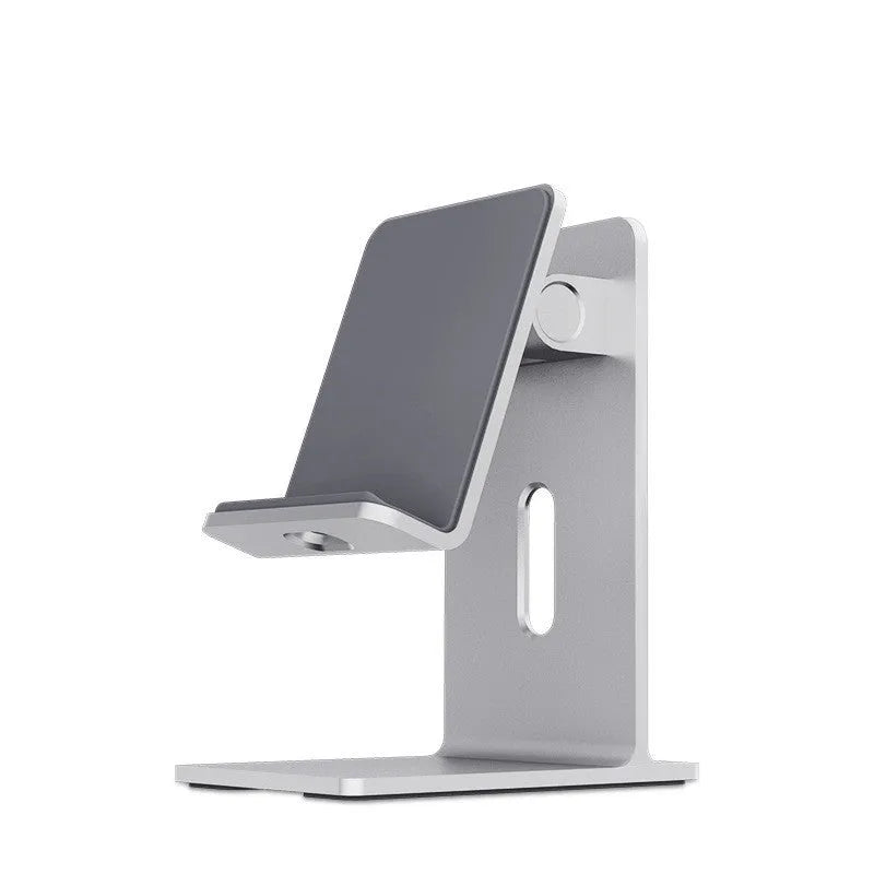Alloy metal desktop stand holding a mobile phone, shown in dark space grey and streaming silver colours.