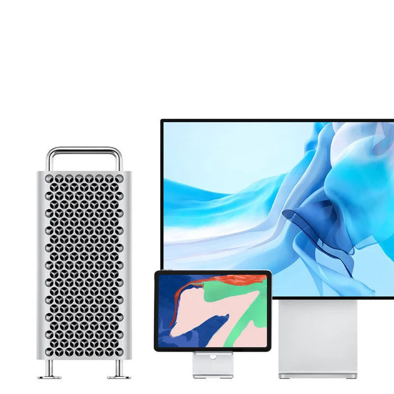 Alloy metal desktop stand holding a mobile phone, shown in dark space grey and streaming silver colours.