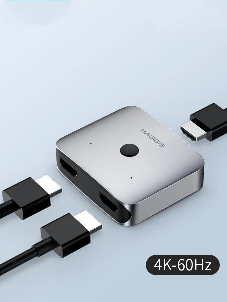 Grey Haibeisi HDMI splitter switcher with 1 input and 2 output ports for computer TV monitor video sharing