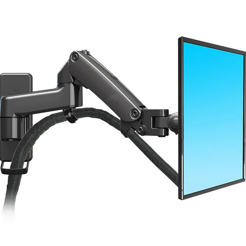 Black wall-mounted computer monitor stand with telescopic arm and rotating screen bracket