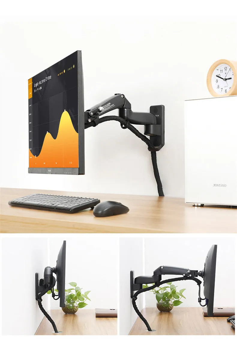 Black wall-mounted computer monitor stand with telescopic arm and rotating screen bracket