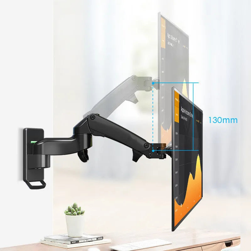 Black wall-mounted computer monitor stand with telescopic arm and rotating screen bracket