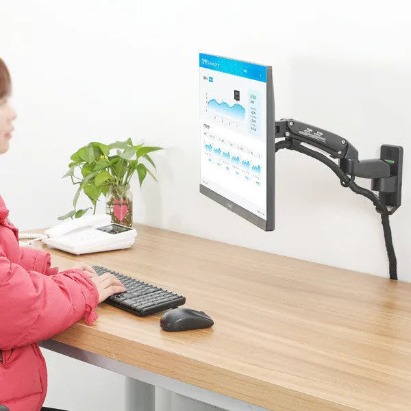 Black wall-mounted computer monitor stand with telescopic arm and rotating screen bracket