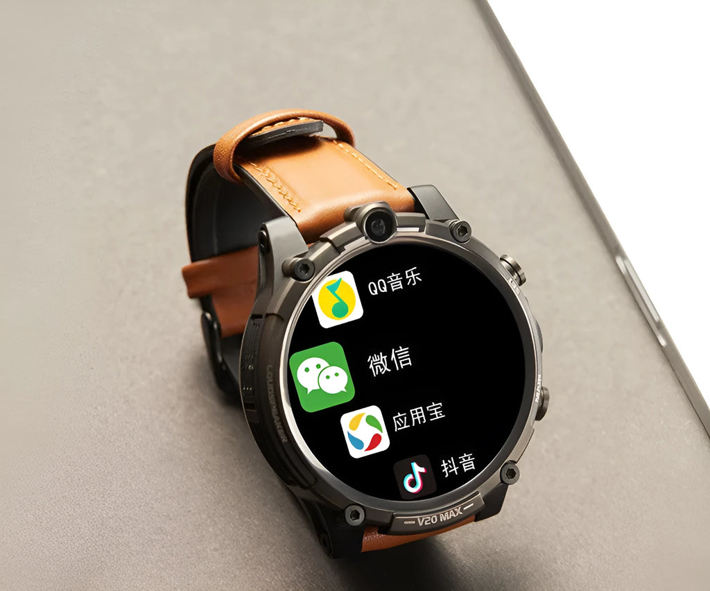 Black smart watch with 1.6-inch screen showing dual camera interface and heart rate monitoring display