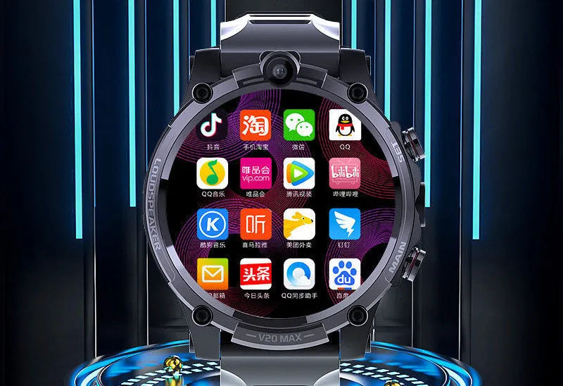 Black smart watch with 1.6-inch screen showing dual camera interface and heart rate monitoring display