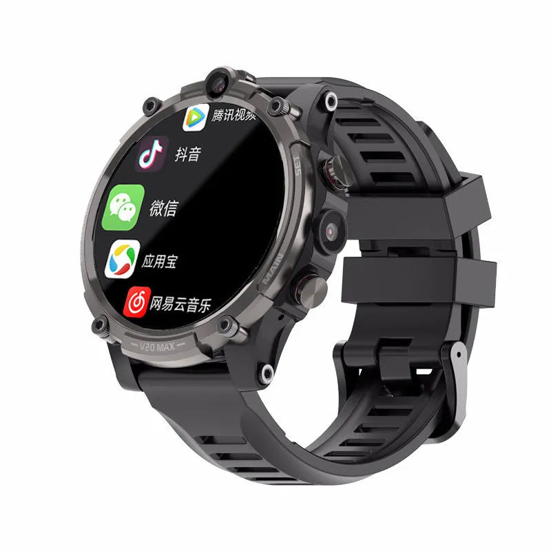 Black smart watch with 1.6-inch screen showing dual camera interface and heart rate monitoring display