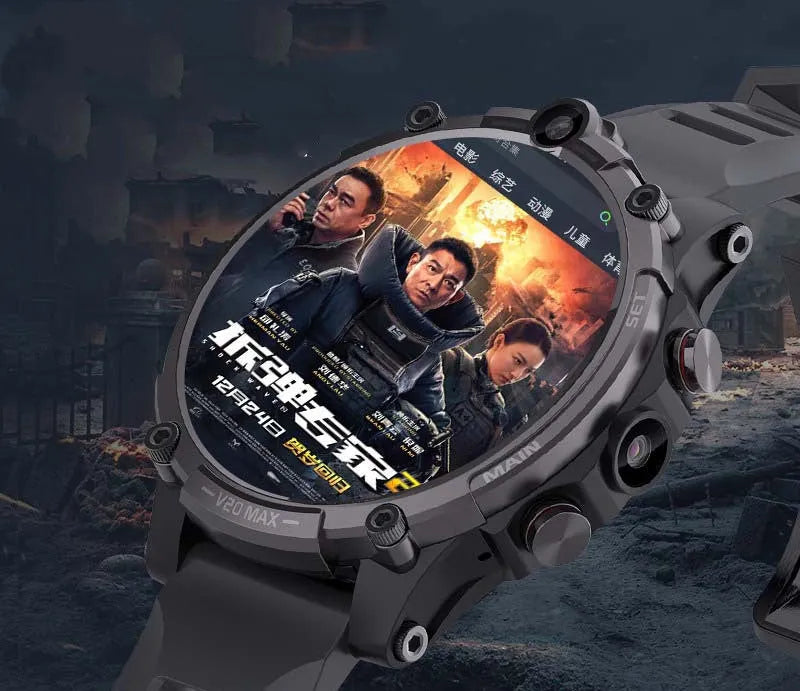 Black smart watch with 1.6-inch screen showing dual camera interface and heart rate monitoring display