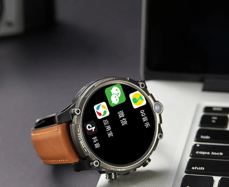 Black smart watch with 1.6-inch screen showing dual camera interface and heart rate monitoring display