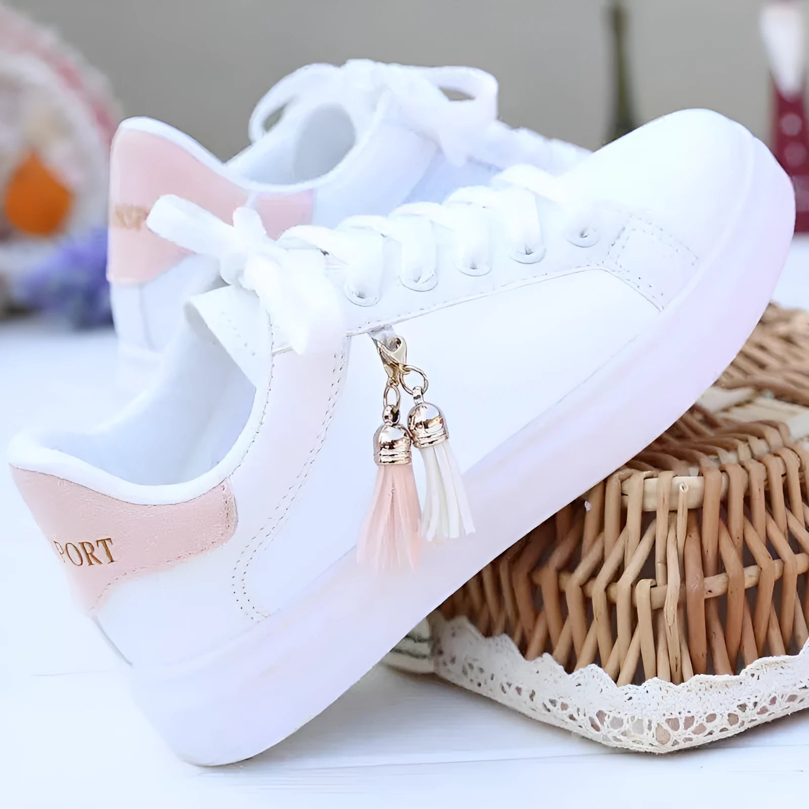 White mesh ladies casual shoes with flat rubber sole in black or pink colour options