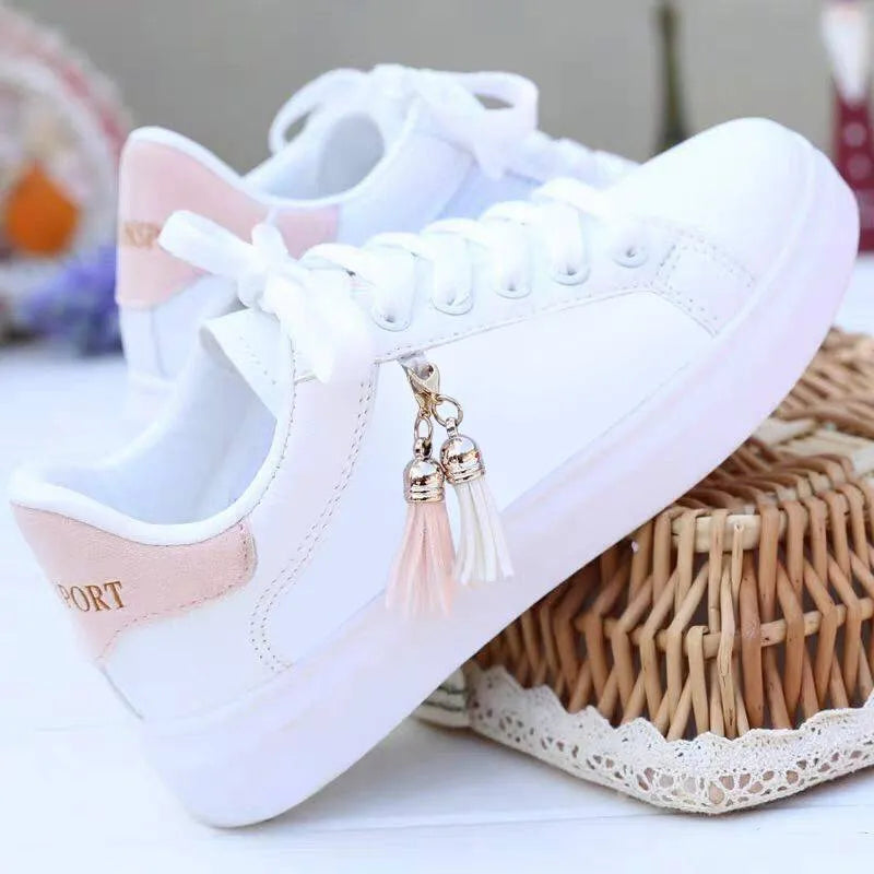 White mesh ladies casual shoes with flat rubber sole in black or pink colour options