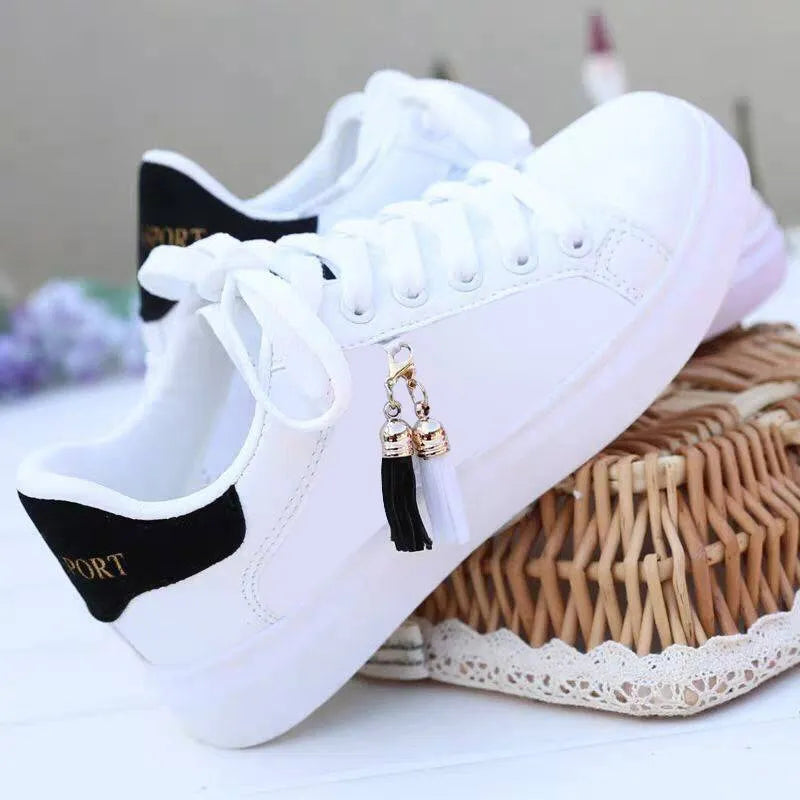 White mesh ladies casual shoes with flat rubber sole in black or pink colour options