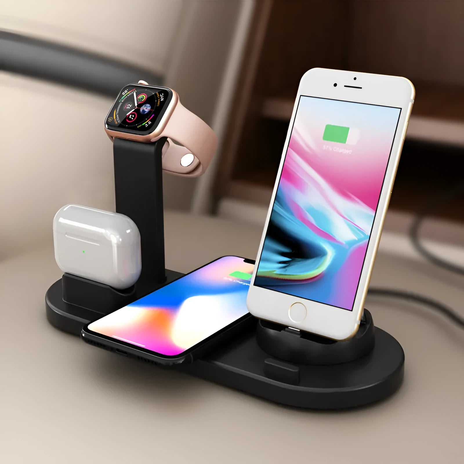 Three-in-one wireless charging bracket showing watch, headphone, and phone charging simultaneously