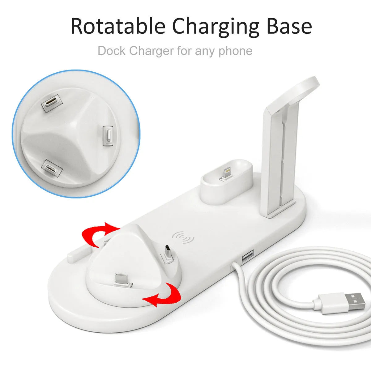 Three-in-one wireless charging bracket showing watch, headphone, and phone charging simultaneously