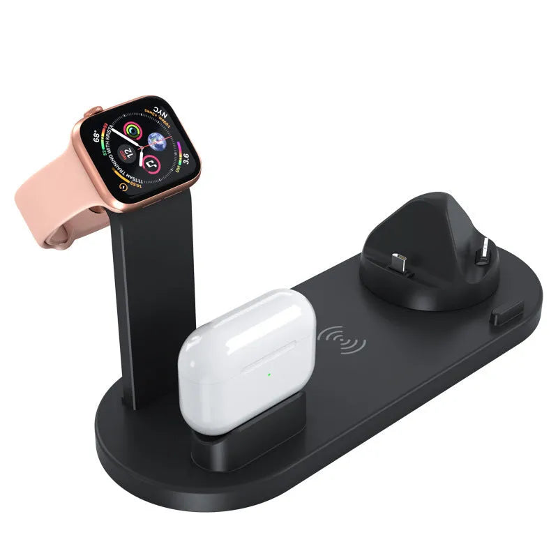 Three-in-one wireless charging bracket showing watch, headphone, and phone charging simultaneously