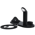 Three-in-one wireless charging bracket showing watch, headphone, and phone charging simultaneously