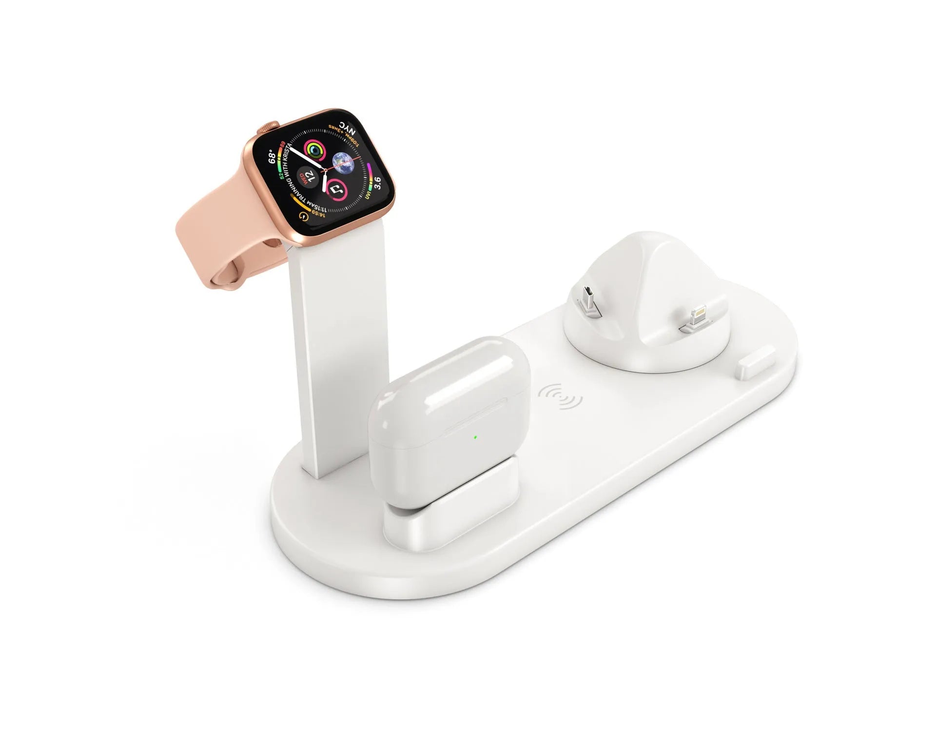 Three-in-one wireless charging bracket showing watch, headphone, and phone charging simultaneously