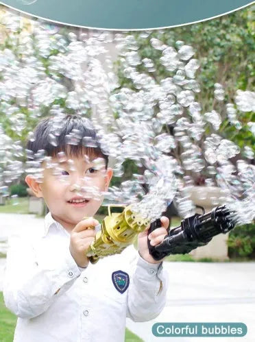 Kids bubble machine gun toy in pink, gold, or black colours with trigger and removable bubblehead.