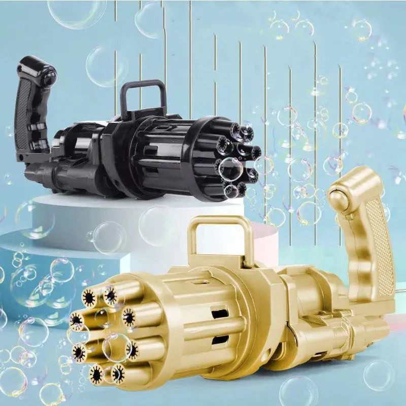 Kids bubble machine gun toy in pink, gold, or black colours with trigger and removable bubblehead.