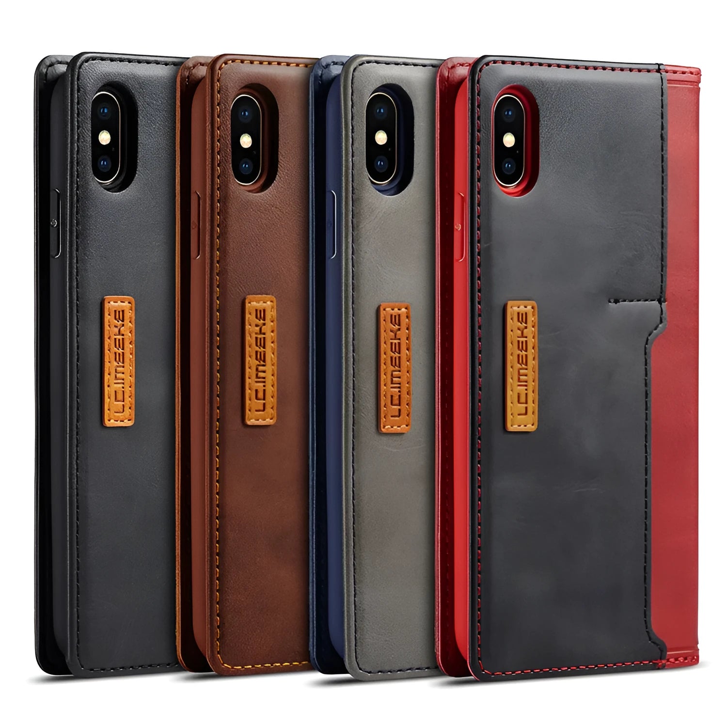 Retro brown leather flip wallet case for iPhone with visible card slots.