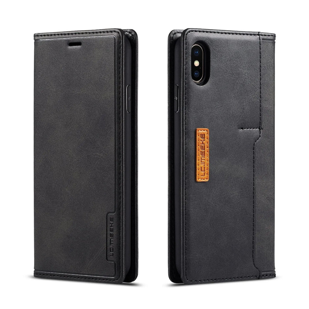 Retro brown leather flip wallet case for iPhone with visible card slots.