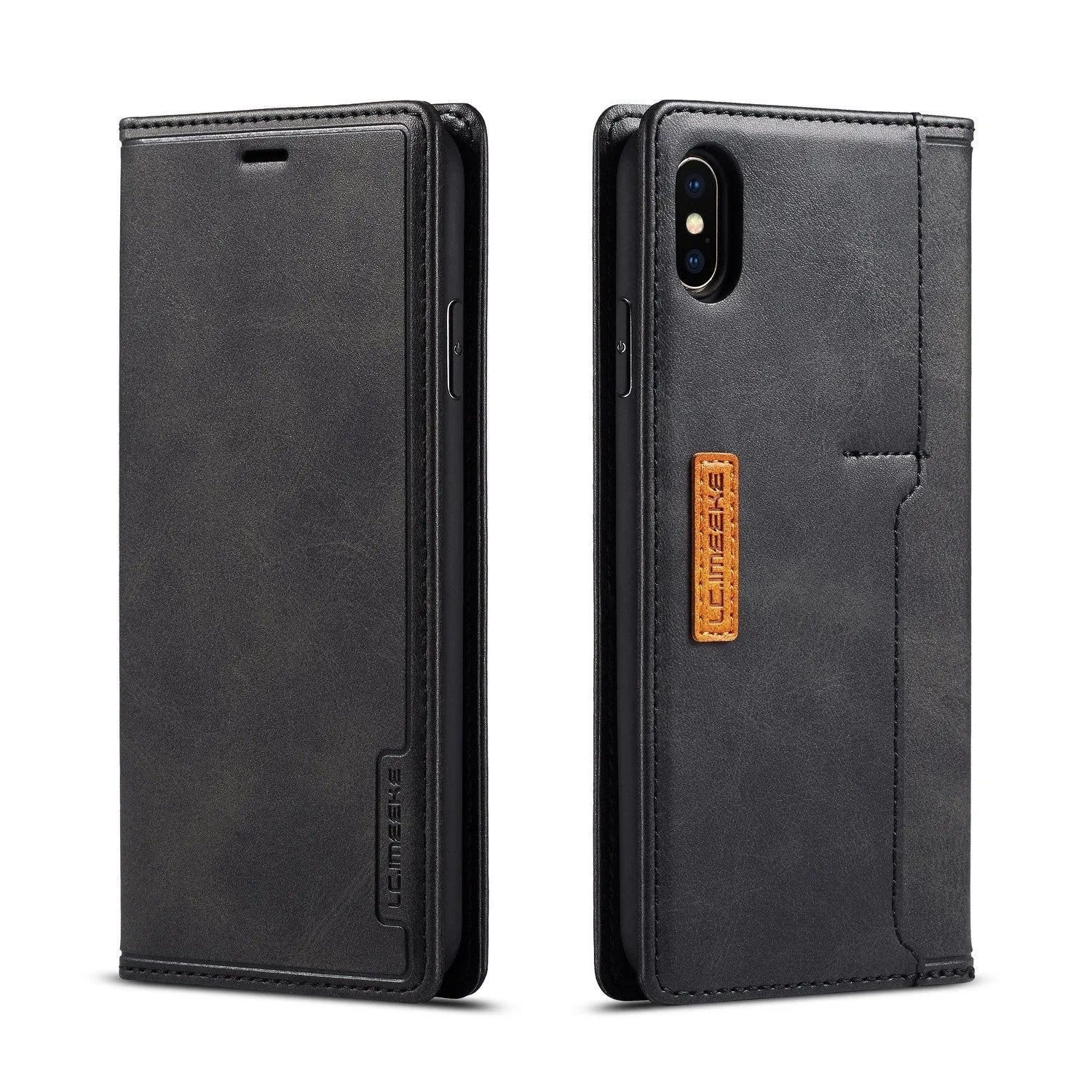 Retro brown leather flip wallet case for iPhone with visible card slots.