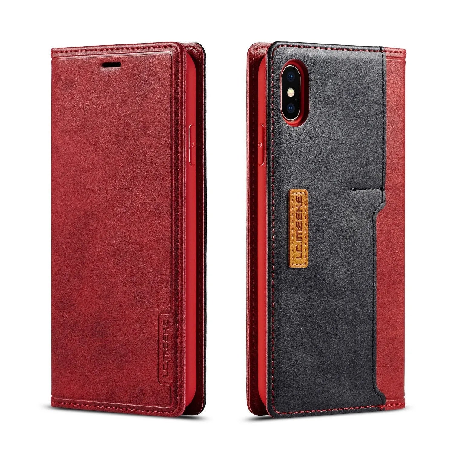 Retro brown leather flip wallet case for iPhone with visible card slots.