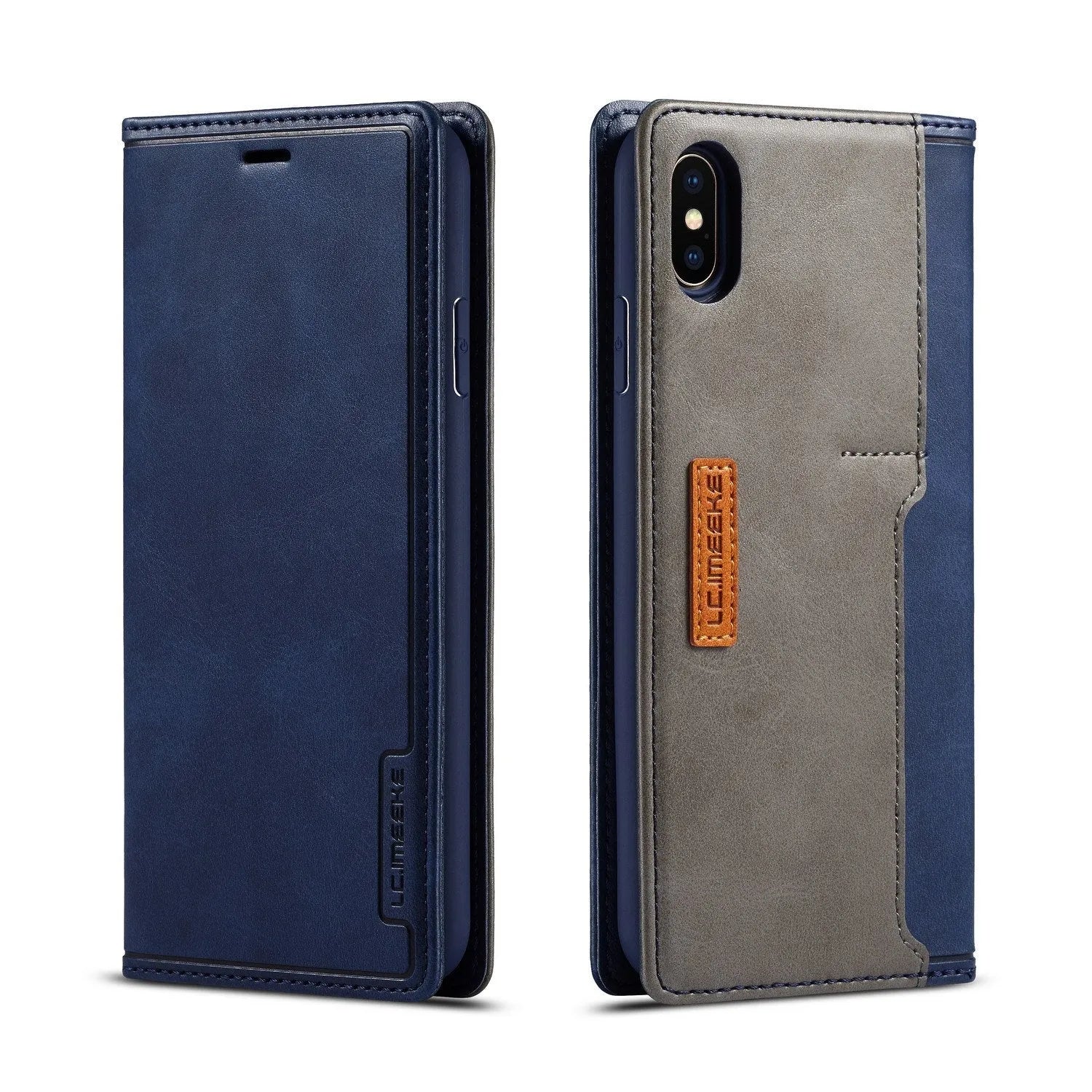 Retro brown leather flip wallet case for iPhone with visible card slots.