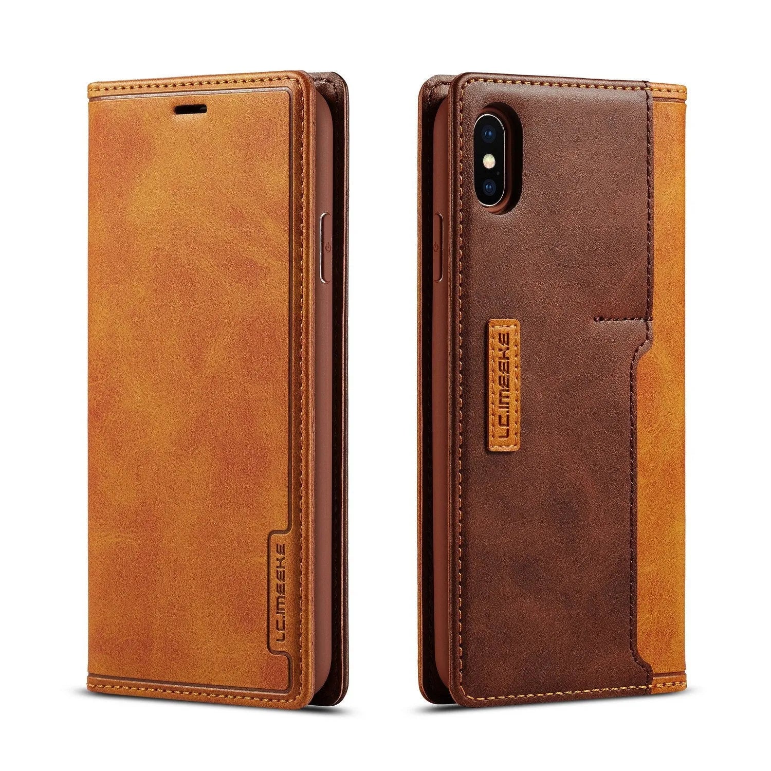 Retro brown leather flip wallet case for iPhone with visible card slots.