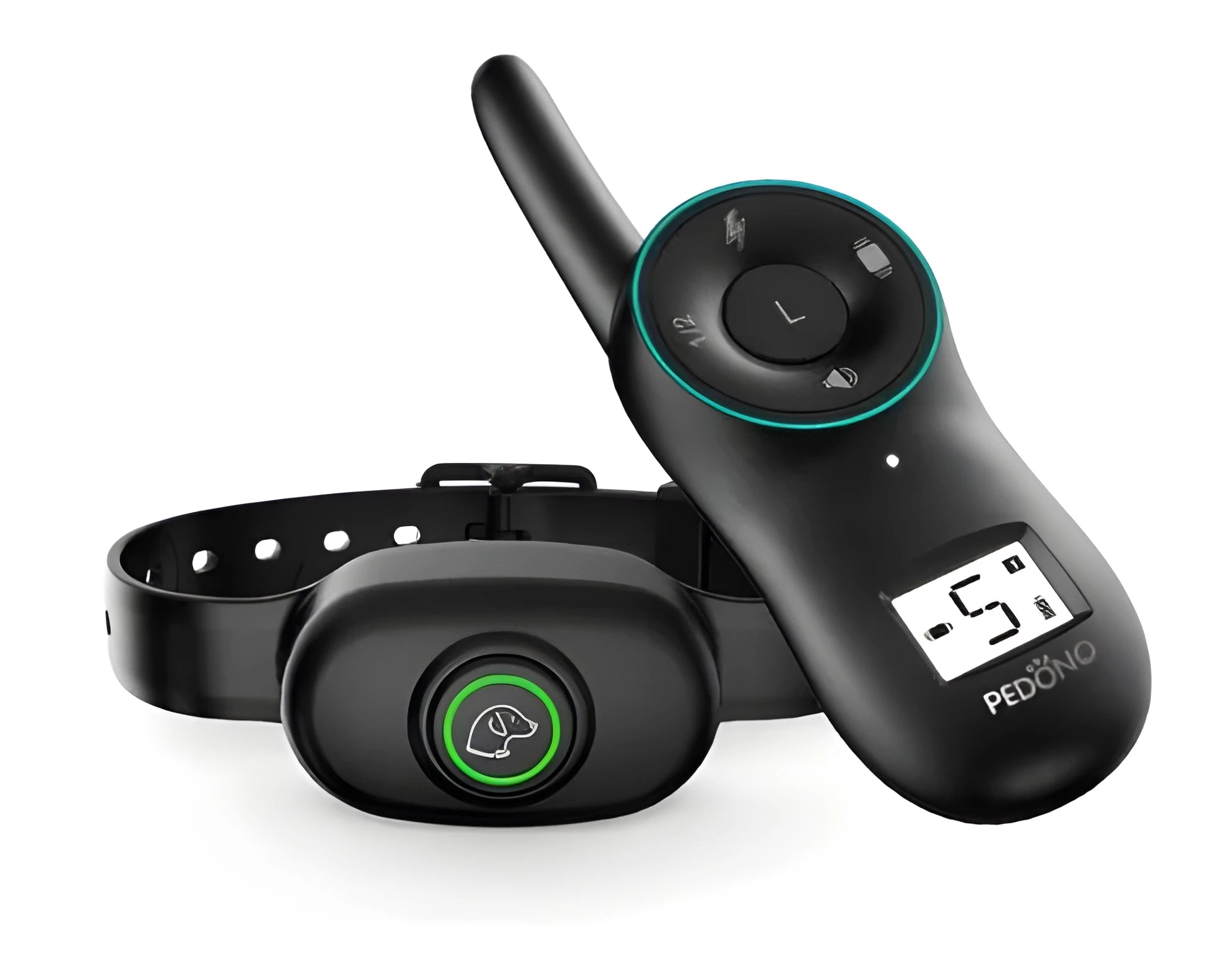 Black rechargeable remote dog training collar with waterproof receiver and handheld transmitter.