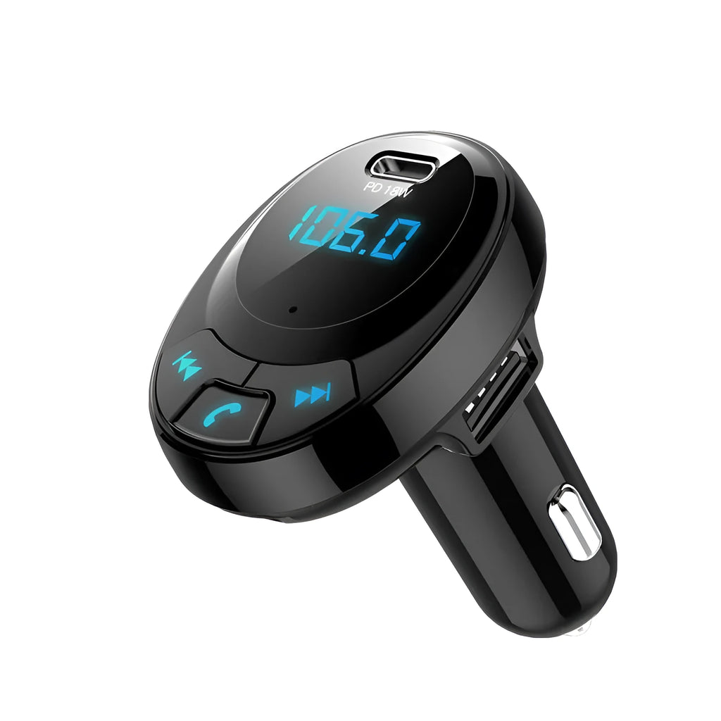 Black car Bluetooth MP3 charger with dual USB ports and numeric display