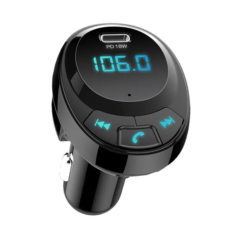 Black car Bluetooth MP3 charger with dual USB ports and numeric display