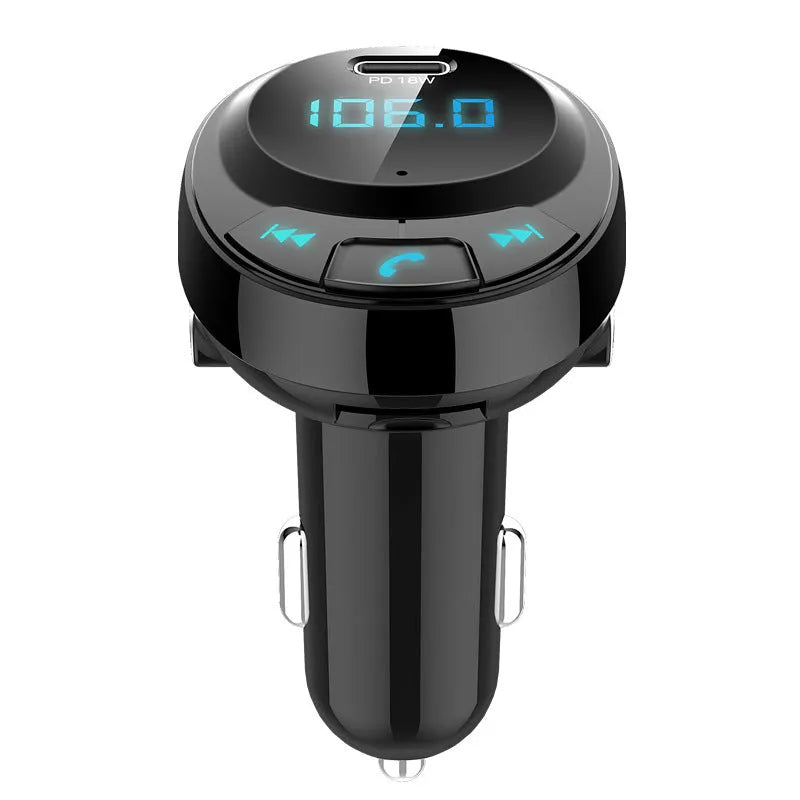 Black car Bluetooth MP3 charger with dual USB ports and numeric display
