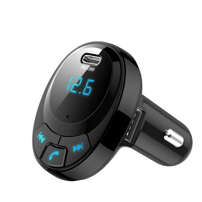 Black car Bluetooth MP3 charger with dual USB ports and numeric display