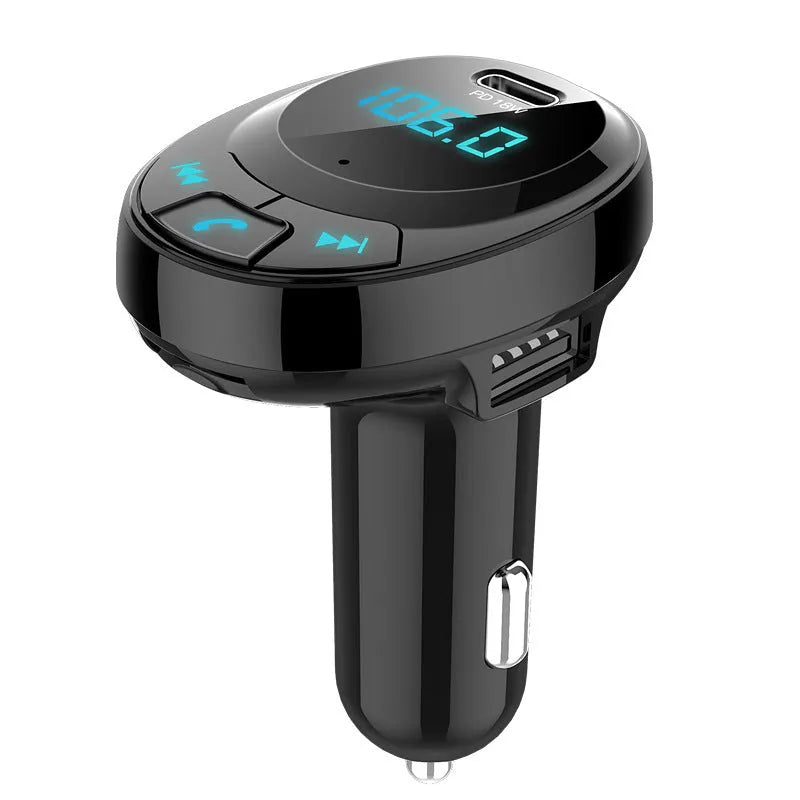 Black car Bluetooth MP3 charger with dual USB ports and numeric display