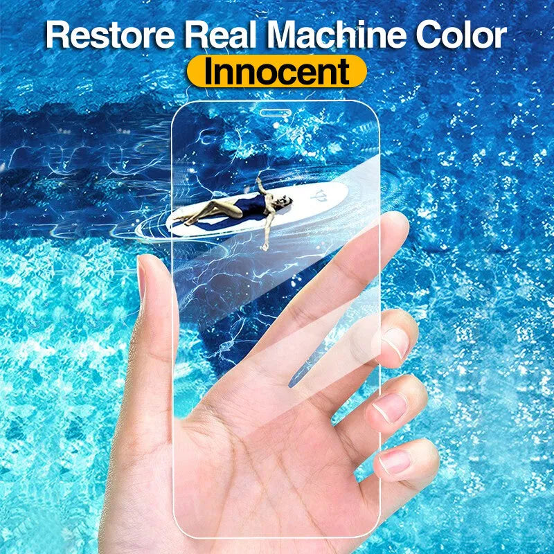 Four transparent tempered glass screen protectors for Apple iPhone models on a clean surface