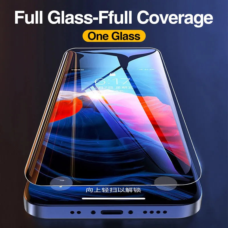 Four transparent tempered glass screen protectors for Apple iPhone models on a clean surface