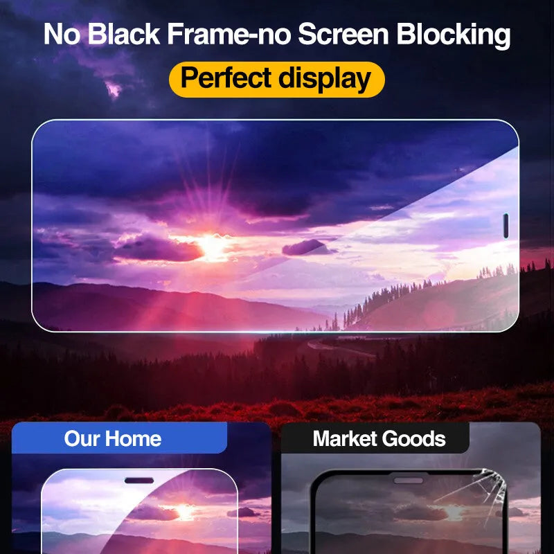 Four transparent tempered glass screen protectors for Apple iPhone models on a clean surface