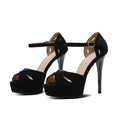 Black Roman-style stiletto platform sandals with fish mouth toe and waterproof soles