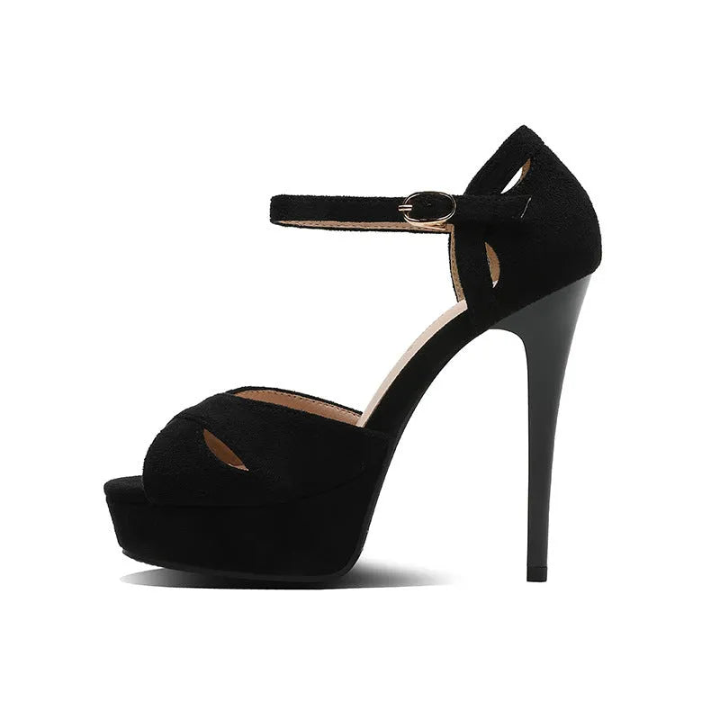 Black Roman-style stiletto platform sandals with fish mouth toe and waterproof soles