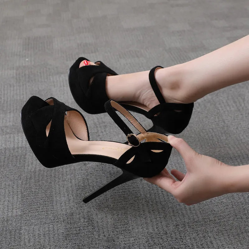 Black Roman-style stiletto platform sandals with fish mouth toe and waterproof soles