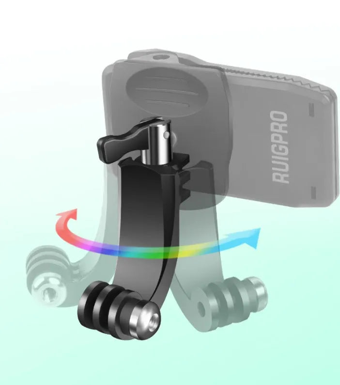 Silver and black 360-degree rotating GoPro backpack clip mount for action cameras.